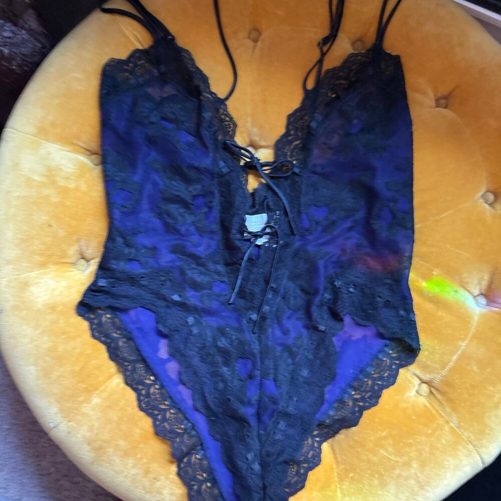 VTG Victoria's Secret Gold Label Lace Teddy Bodysuit Blue Black Medium